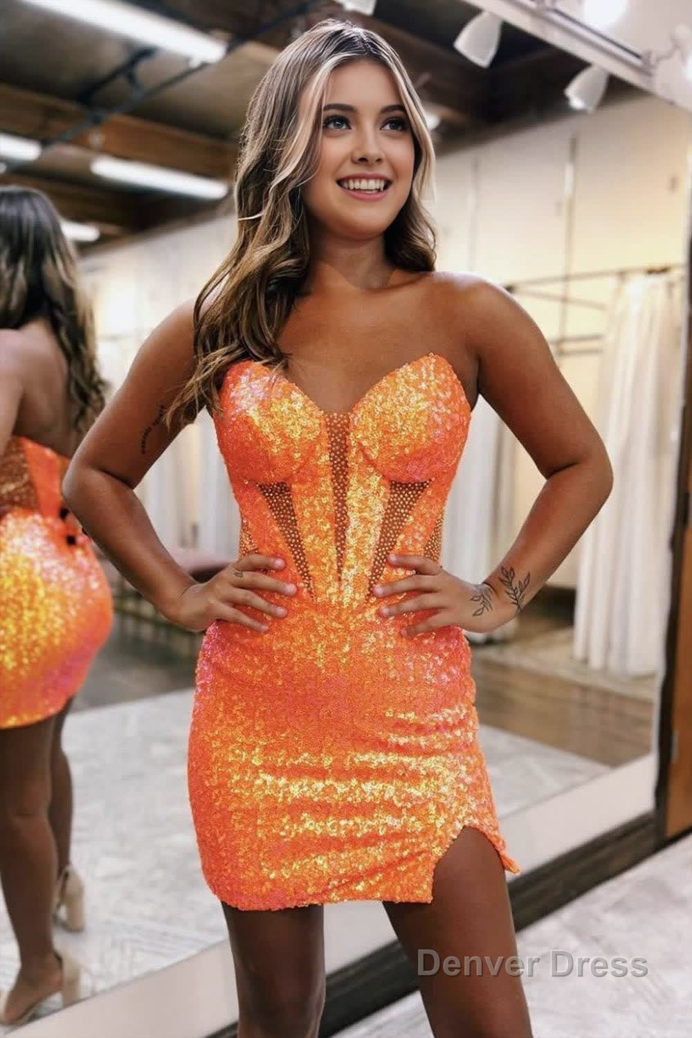 Sparkly Strapless Bodycon Sequin Short Homecoming Dresses with Slit