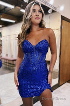 Sparkly Strapless Bodycon Sequin Short Homecoming Dresses with Slit