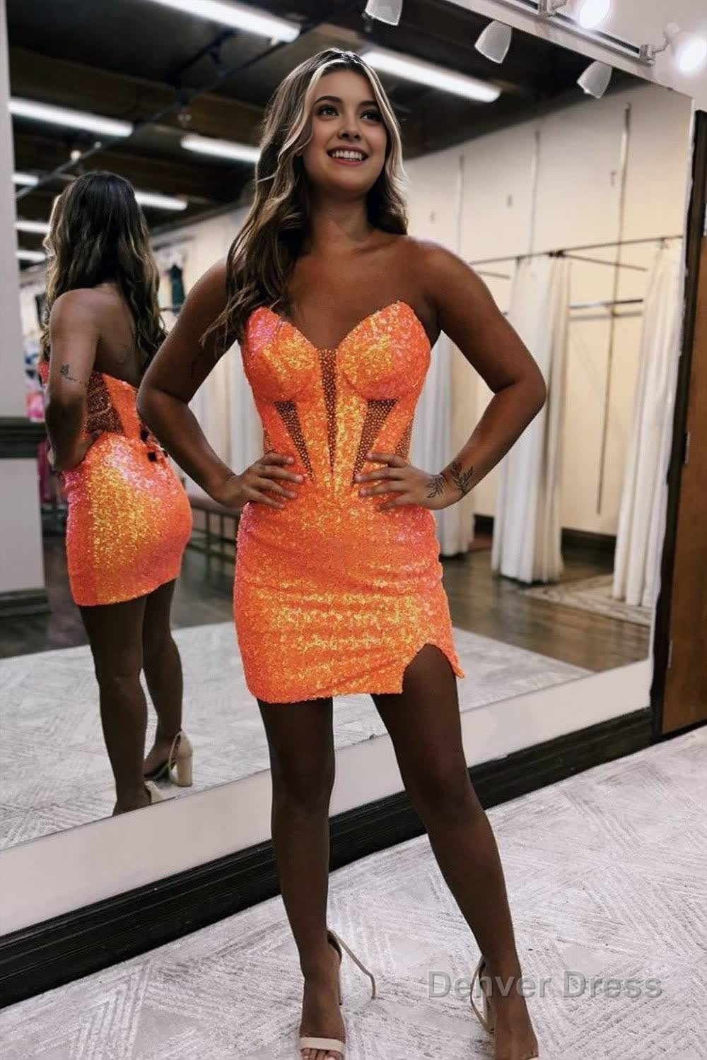 Sparkly Strapless Bodycon Sequin Short Homecoming Dresses with Slit