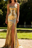 Sparkly Strapless Mermaid Gold Prom Dress With Slit