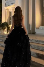 Sparkly Stunning Black Sequined Sleeveless Strapless Long Prom Dresses With Split