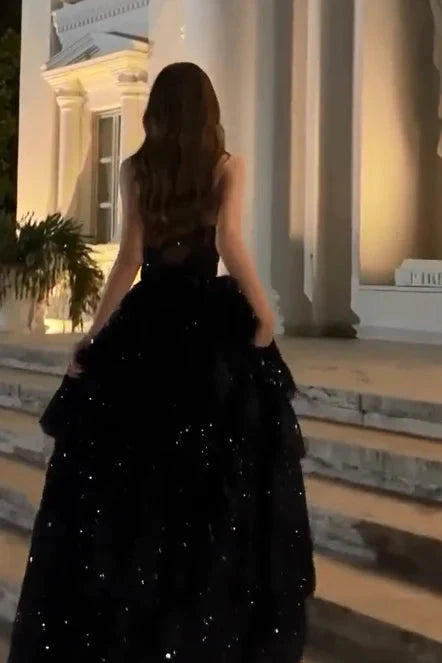 Sparkly Stunning Black Sequined Sleeveless Strapless Long Prom Dresses With Split