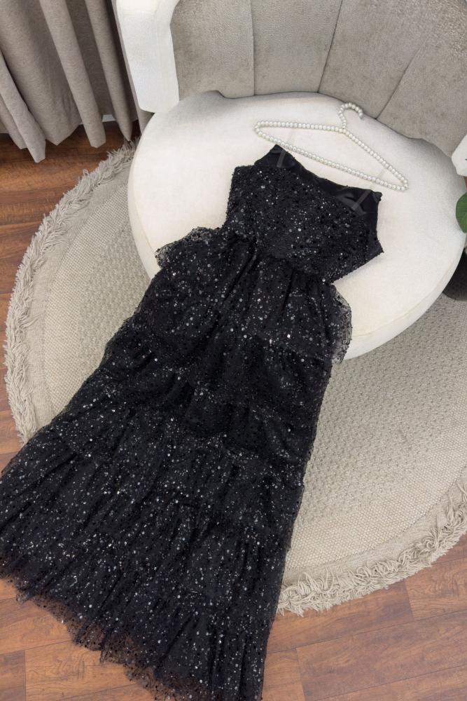 Sparkly Stunning Black Sequined Sleeveless Strapless Long Prom Dresses With Split