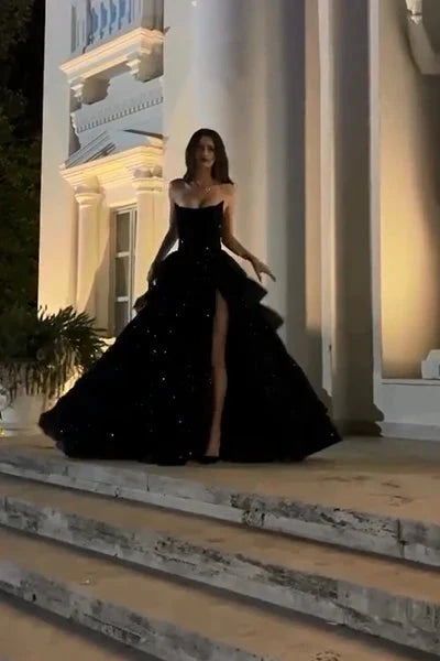 Sparkly Stunning Black Sequined Sleeveless Strapless Long Prom Dresses With Split