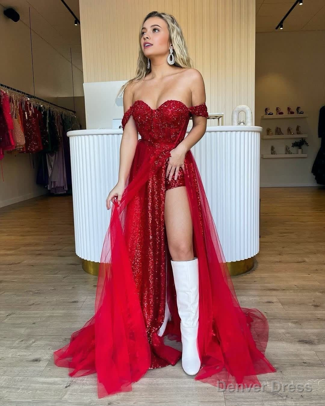 Sparkly Tow Piece Off the Shoulder Red Sequins Long Prom Dresses Secondary image