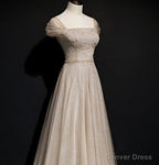 Sparkly Tulle Sequins Square Beading Prom Dress Long A Line Ball Gowns Prom Dresses