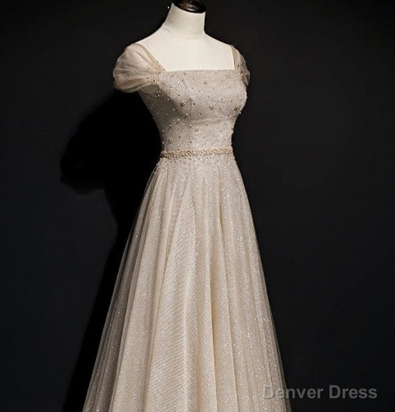 Sparkly Tulle Sequins Square Beading Prom Dress Long A Line Ball Gowns Prom Dresses