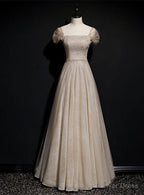 Sparkly Tulle Sequins Square Beading Prom Dress Long A Line Ball Gowns Prom Dresses