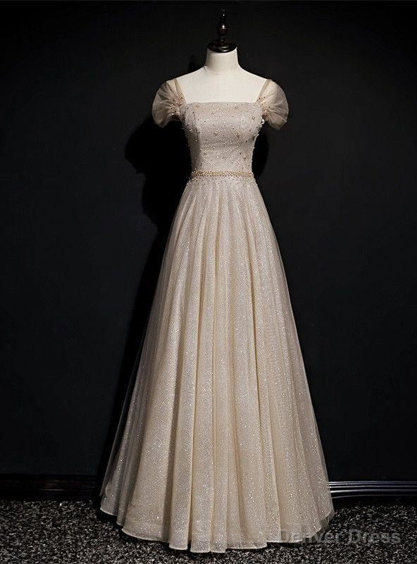 Sparkly Tulle Sequins Square Beading Prom Dress Long A Line Ball Gowns Prom Dresses