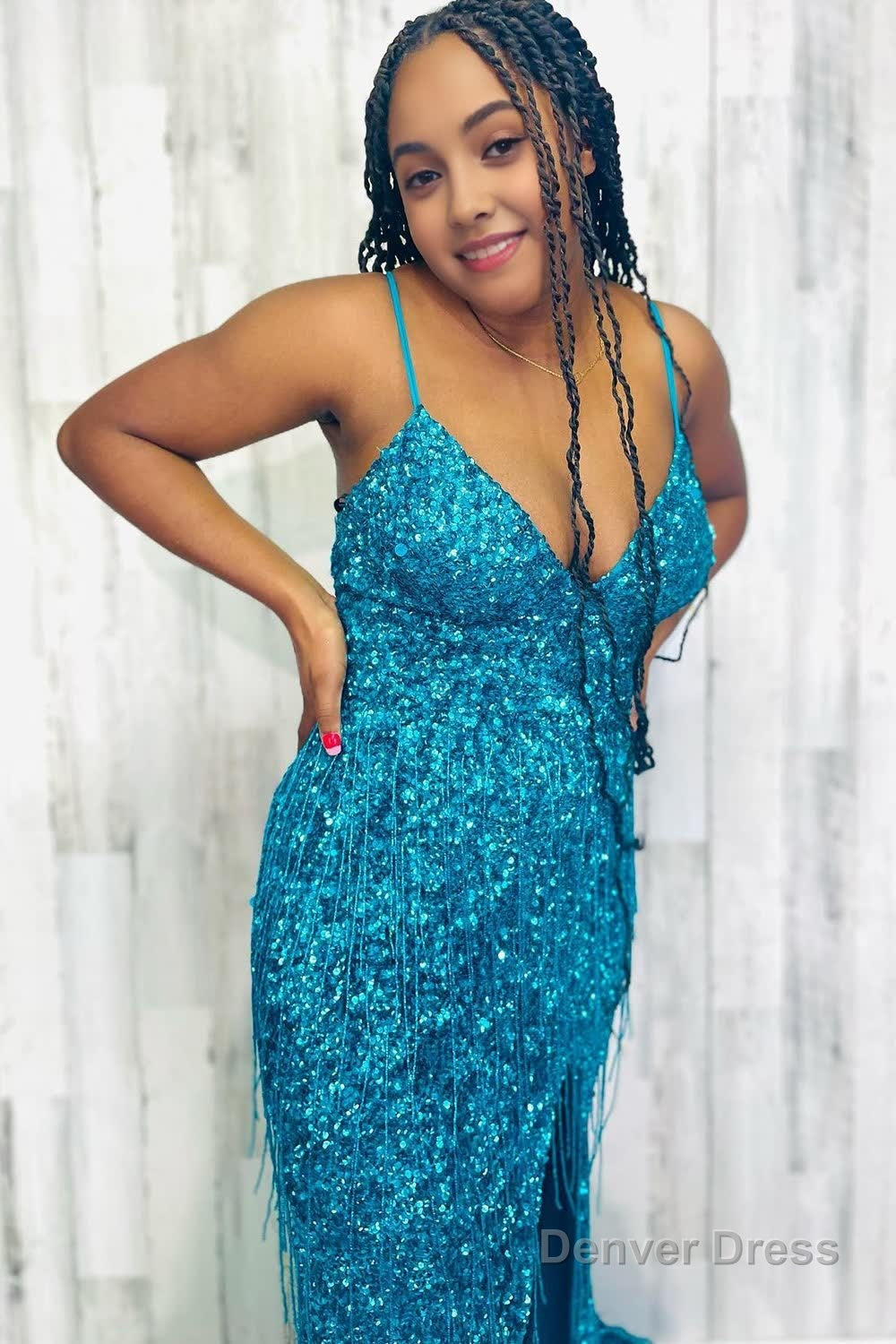 Sparkly Turquoise Mermaid Sequins Long Prom Dresses with Fringes
