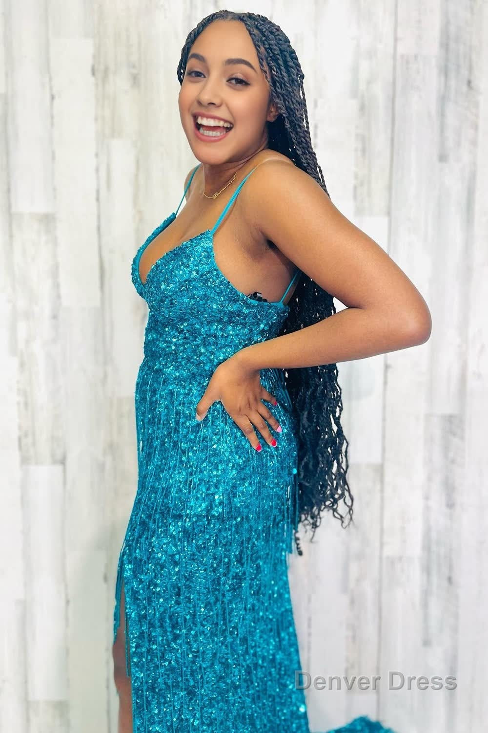 Sparkly Turquoise Mermaid Sequins Long Prom Dresses with Fringes