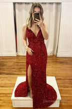 Sparkly Turquoise Mermaid Sequins Long Prom Dresses with Fringes