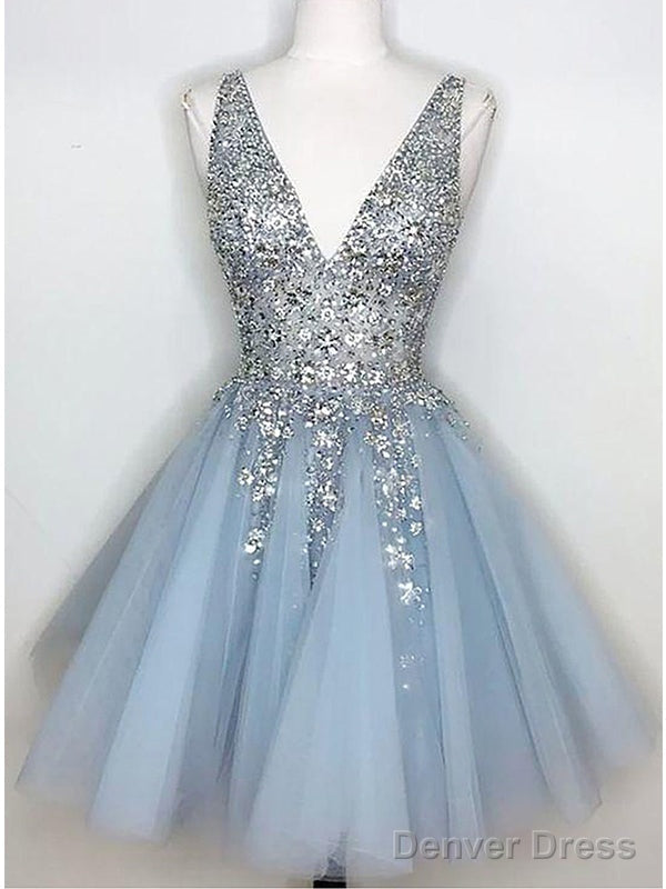 Sparkly V-Neck A-Line Tulle Short Blue Homecoming Dresses Online, Main image