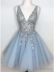 Sparkly V-Neck A-Line Tulle Short Blue Homecoming Dresses Online,