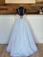 Sparkly V Neck Backless Prom Dress, Open Back Shiny Prom Graduation Dresses