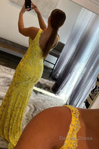 Sparkly Yellow Mermaid Lace Long Prom Dresses with Beading