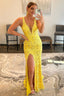 Sparkly Yellow Mermaid Lace Long Prom Dresses with Beading