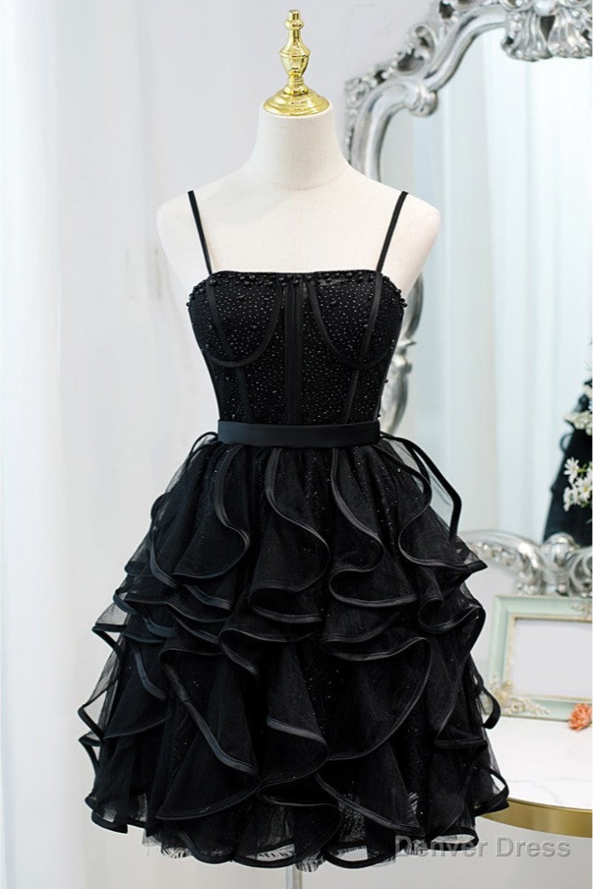 Special Black Ruffled Short Homecoming Dresses with Spaghetti Straps Main image