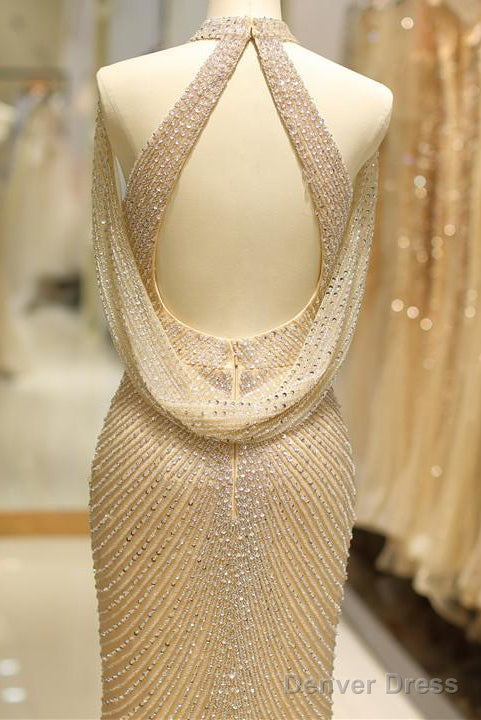 Split-Front Long Gold Prom Dress With Cowl Back