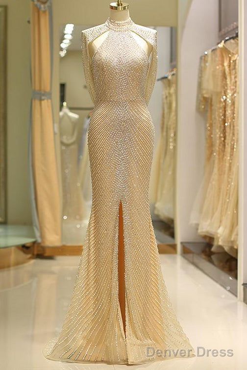 Split-Front Long Gold Prom Dress With Cowl Back Main image