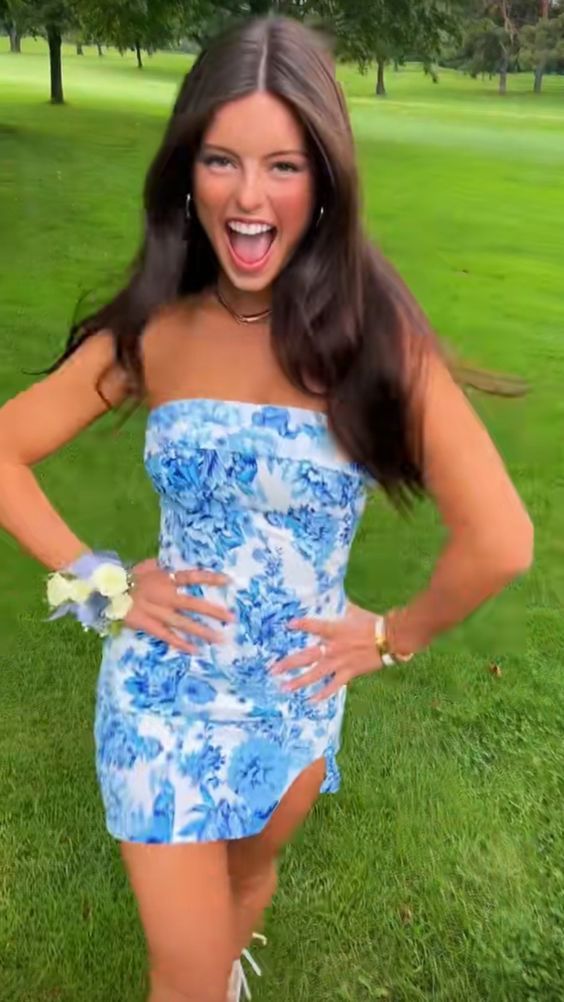 Spring Fling Dress, Strapless Floral Print Homecoming Dress, Mini Prom Dresses
