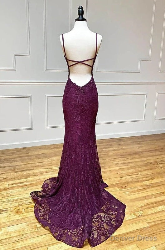 mermaid trumpet spaghetti straps grape lace beaded long Prom Dress