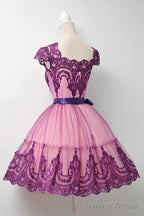 Square Cap Sleeves Knee Length Purple Homecoming Dresses With Sash