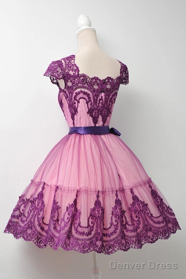 Square Cap Sleeves Knee Length Purple Homecoming Dresses With Sash
