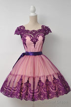 Square Cap Sleeves Knee Length Purple Homecoming Dresses With Sash