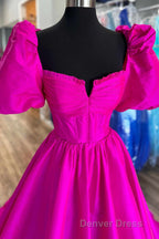 Square Neck Fuchsia Puff Sleeves A Line Prom Dresses