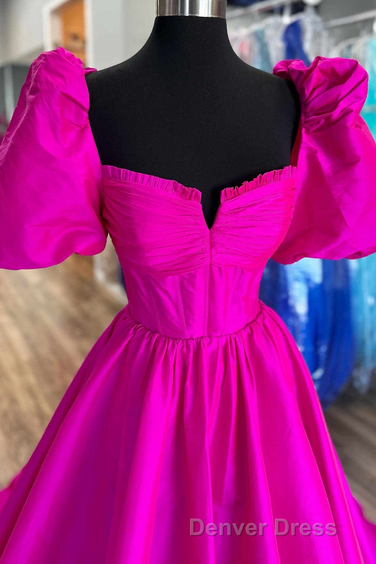 Square Neck Fuchsia Puff Sleeves A Line Prom Dresses