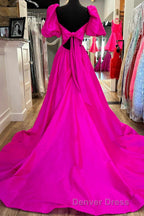 Square Neck Fuchsia Puff Sleeves A Line Prom Dresses