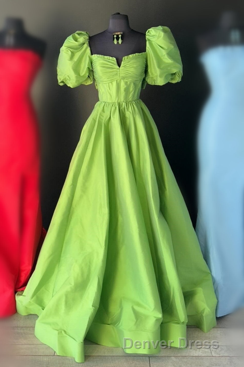 Square Neck Fuchsia Puff Sleeves A Line Prom Dresses