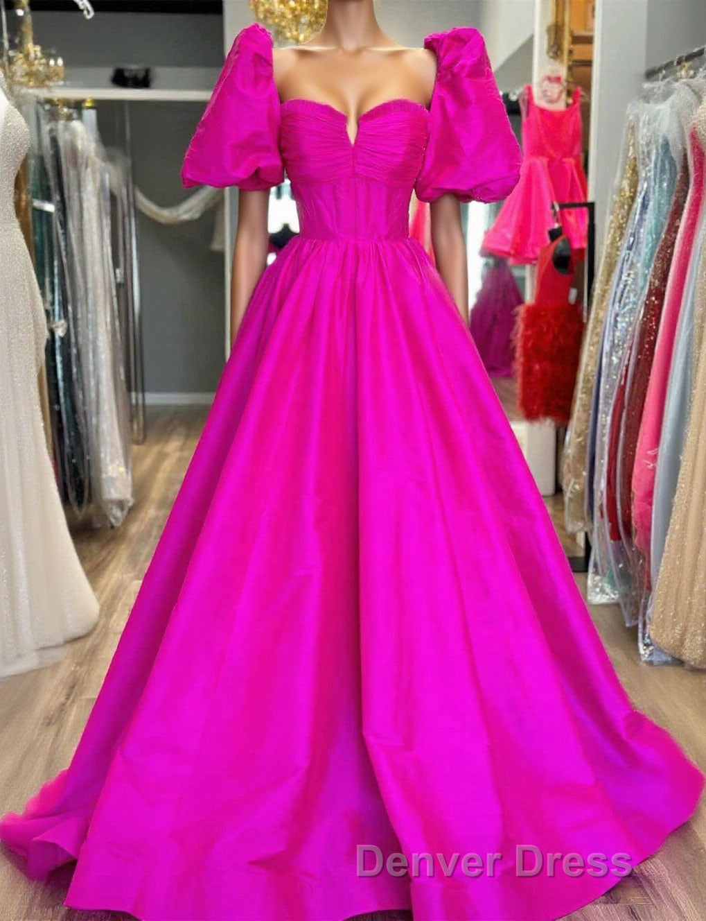 Square Neck Fuchsia Puff Sleeves A Line Prom Dresses Main image