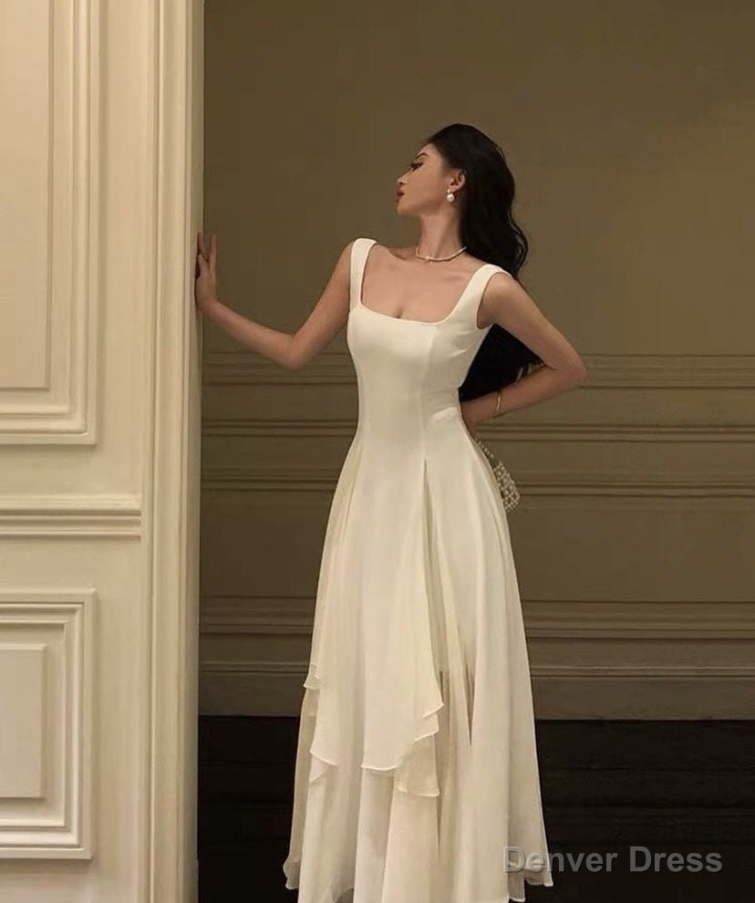 Square Neck White Asymmetric A-Line Long Evening Dress Secondary image