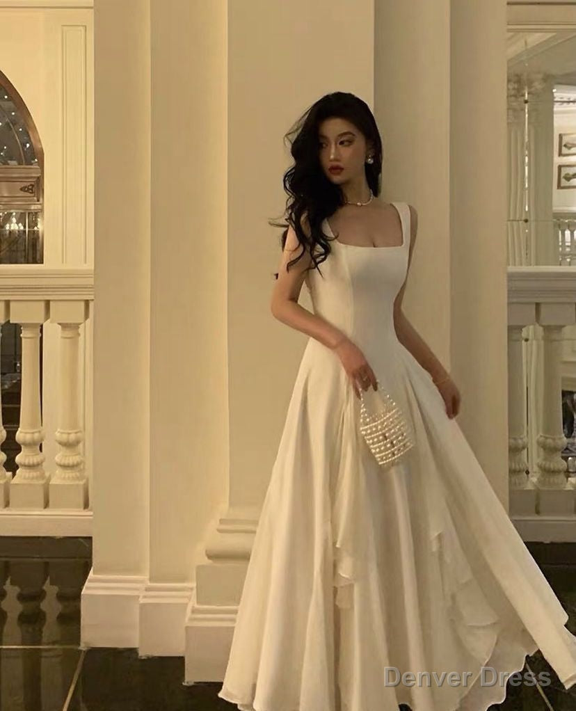 Square Neck White Asymmetric A Line Long Prom Dresses – Denver Dress