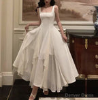 Square Neck White Asymmetric A-Line Long Evening Dress