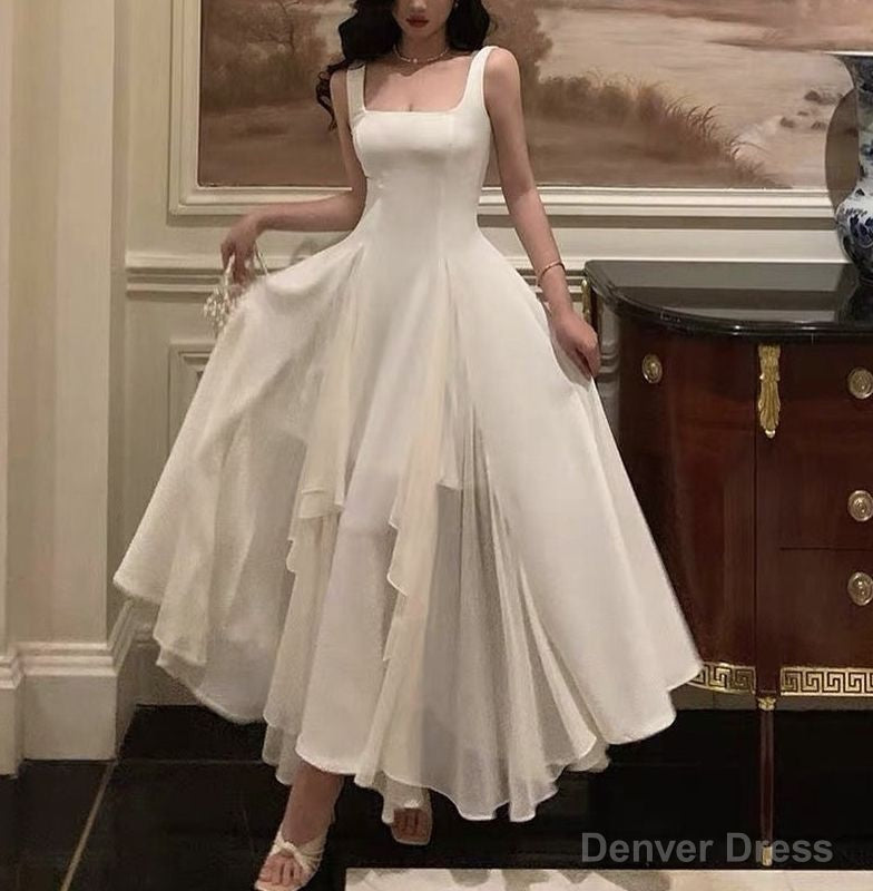 Square Neck White Asymmetric A-Line Long Evening Dress