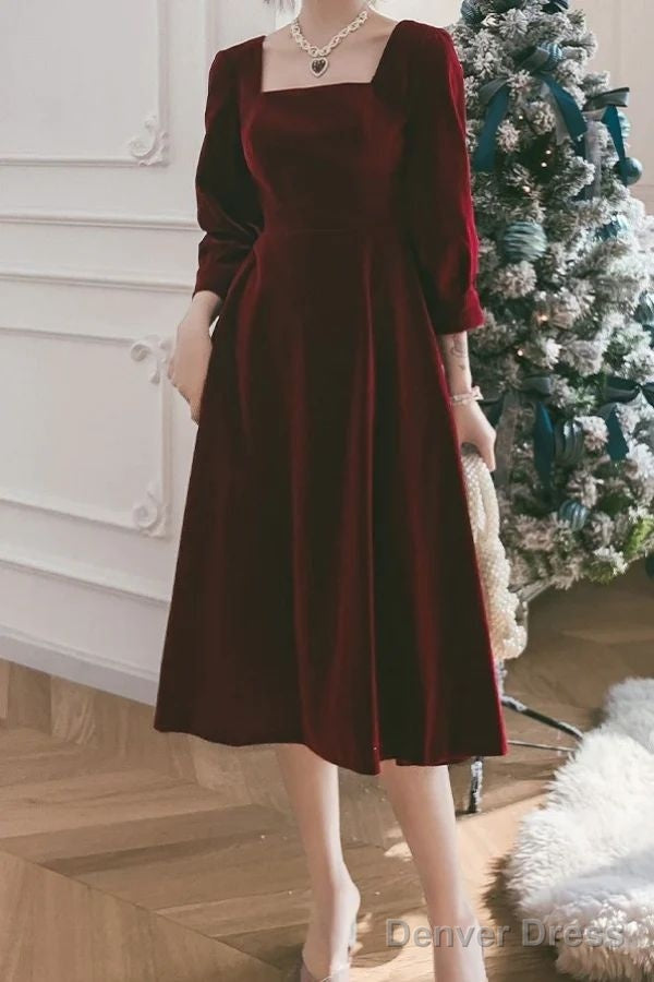 Square Necking Burgundy Velvet Prom Dresses A Line Long Sleeves Dress Secondary image