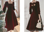Square Necking Burgundy Velvet Prom Dresses A Line Long Sleeves Dress