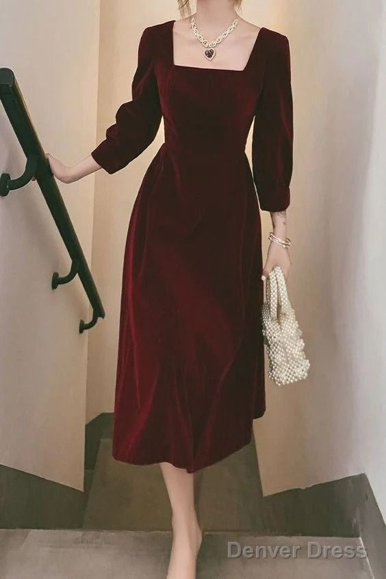 Square Necking Burgundy Velvet Prom Dresses A Line Long Sleeves Dress Main image