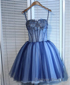 Charming Blue Lace Tule A Lin Short Prom Dress, Homecoming Dresses