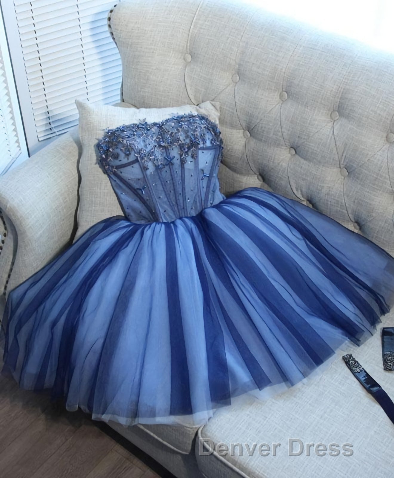 Charming Blue Lace Tule A Lin Short Prom Dress, Homecoming Dresses