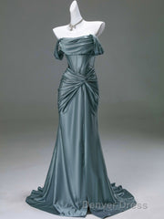 Steel Blue Silk Evening Dresses - Corset Back Prom Dresses with Off-the-Shoulder Design Plus Size