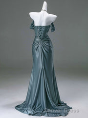 Steel Blue Silk Evening Dresses - Corset Back Prom Dresses with Off-the-Shoulder Design Plus Size