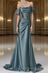 Steel Blue Silk Evening Dresses - Corset Back Prom Dresses with Off-the-Shoulder Design Plus Size