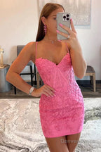 Stormy Spaghetti Straps Tight Short Homecoming Dresses with Appliques