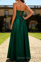Strapless A Line Dark Green Satin Cut-Out Wedding Guest Dress