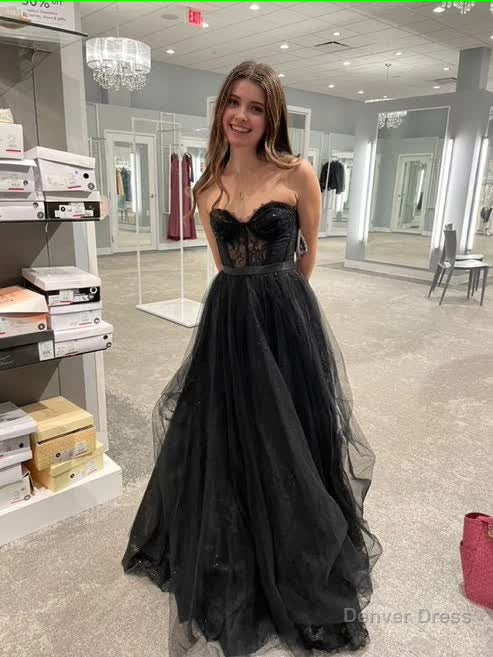 Strapless A Line Tulle Prom Dress Black Lace Evening Gown Secondary image