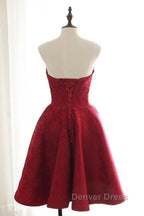 Strapless Backless Burgundy Lace Short Prom Dress, Short Burgundy Lace Homecoming Dresses